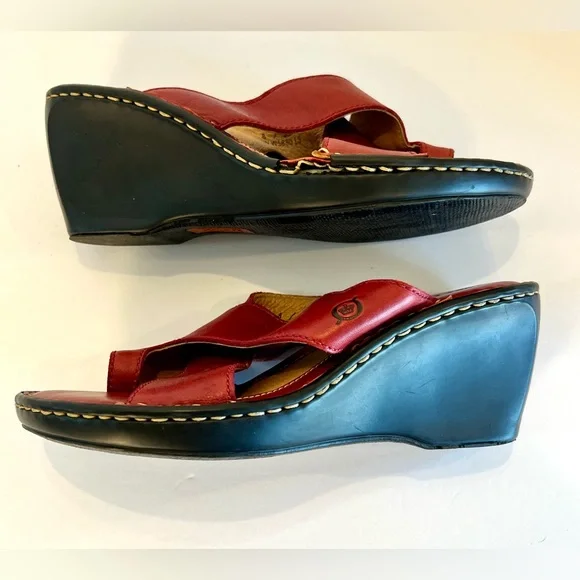 Born Red Leather Cushioned Wedge with Toe Strap Sandals Size 8 - Picture 9 of 15